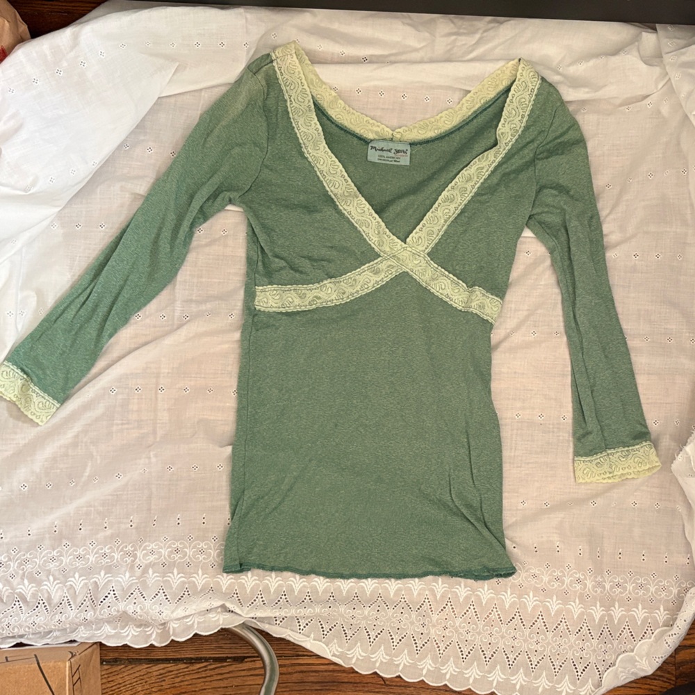 Michael Stars Sage Green Long Sleeve Top with Cream Lace Trim